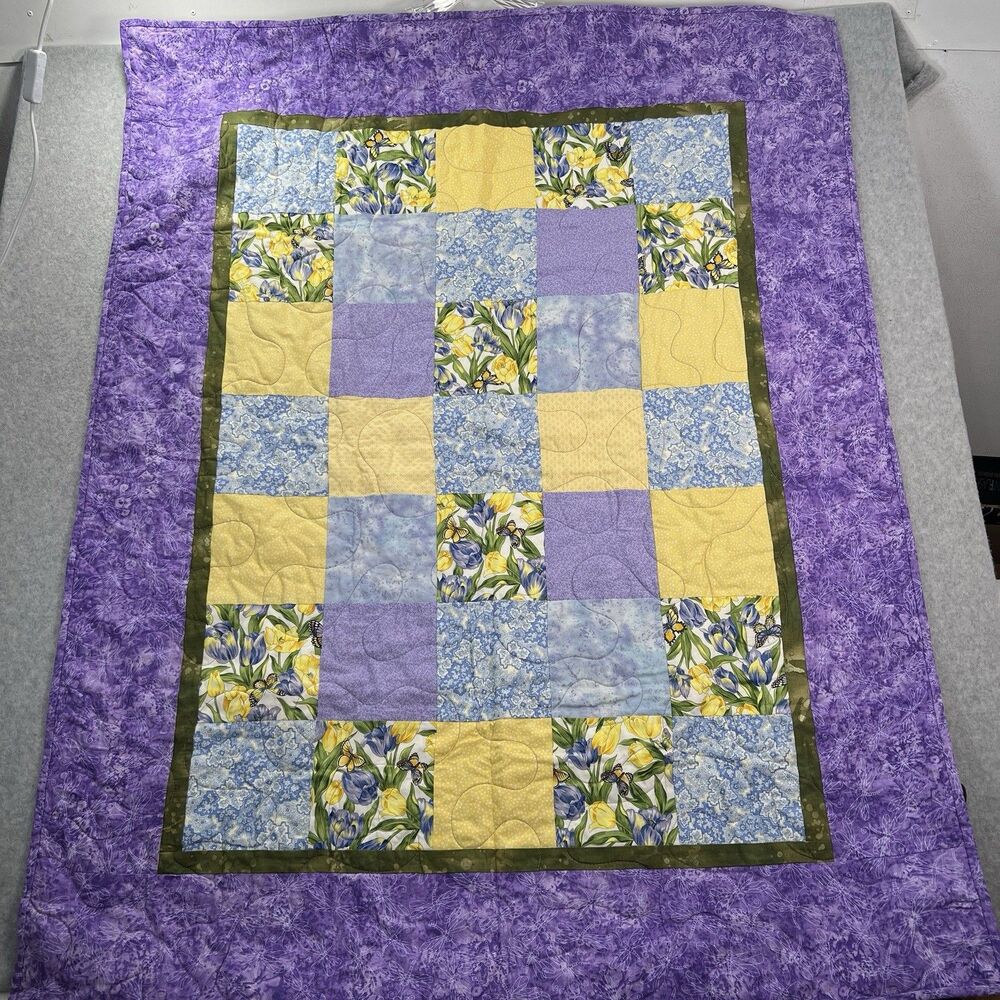 Handmade patchwork Quilt throw Purple yellow Iris dragonfly 38x48" Boho fairy